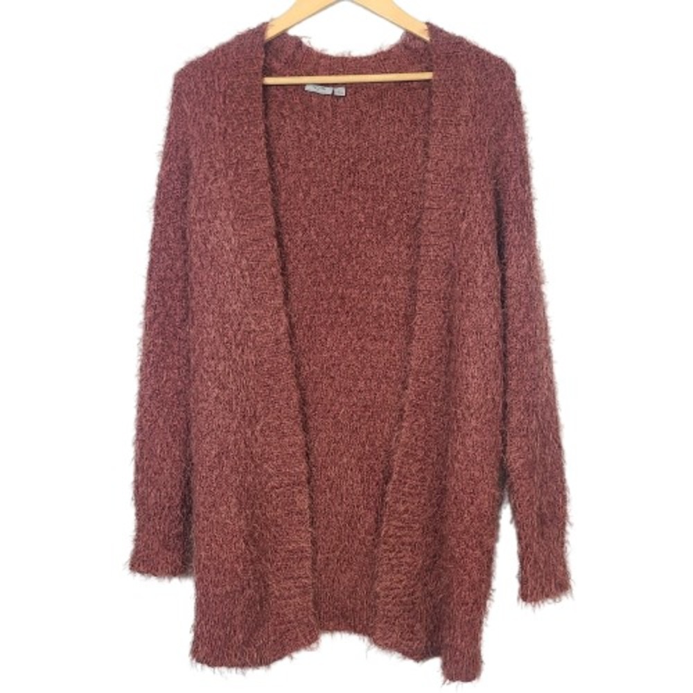 Sympli Open Cardigan Sweater M Muted Red‎ Fuzzy Eyelash Soft Tunic Length